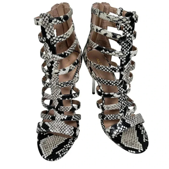 Aldo Unaclya Snake 8.5 Strappy Cage Heels Stiletto Animal Print Party - Picture 1 of 11